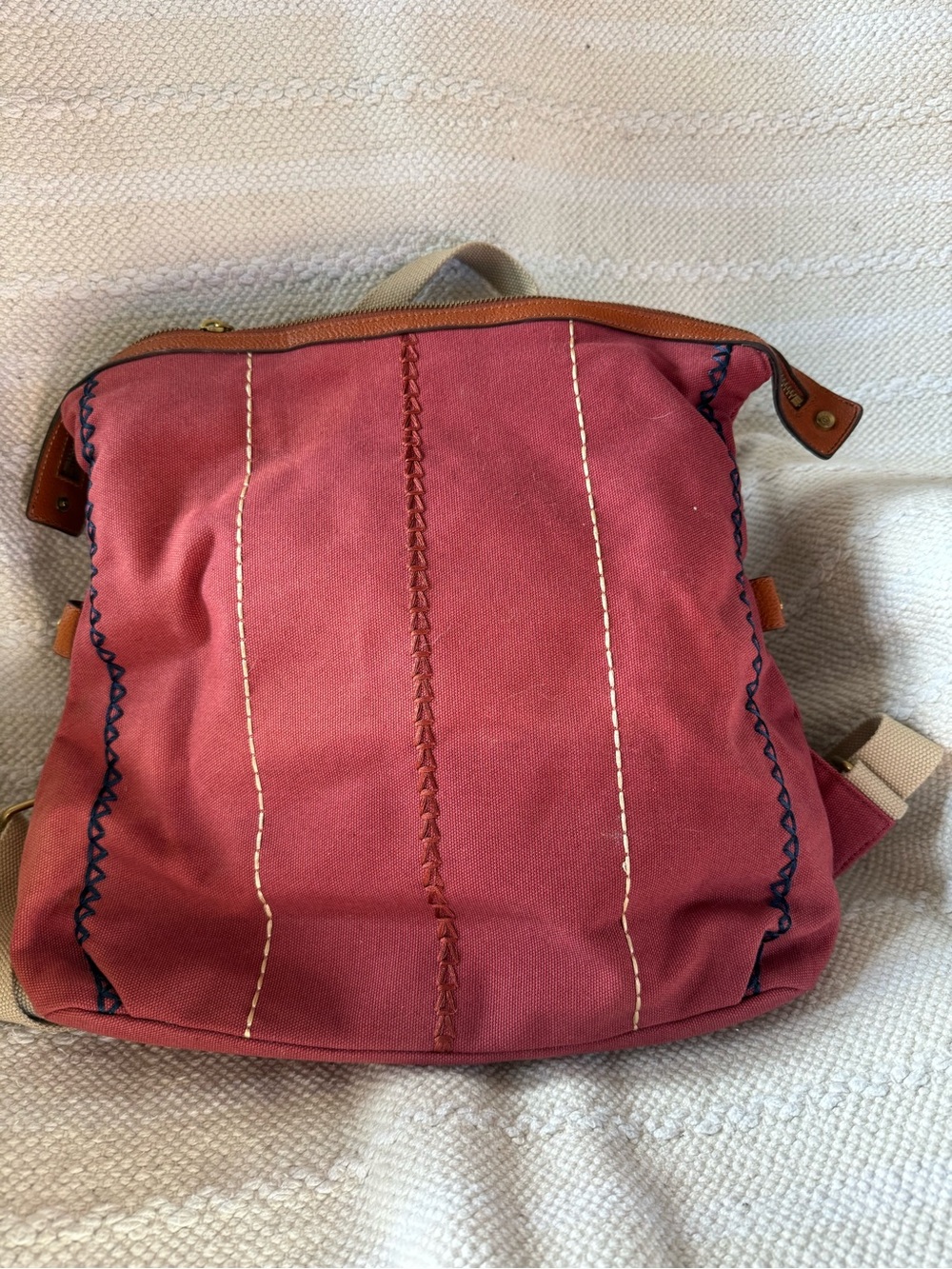 GILI Embroidered Canvas Backpack 13" Red Tan Leather Trim Adj Straps Zipper